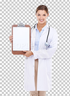 Buy stock photo Clipboard, doctor mockup and woman isolated on a transparent, png background for healthcare advice or checklist. Portrait of medical professional with paperwork, document or notes for happy results