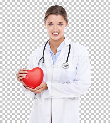 Buy stock photo Healthcare, cardiology and portrait of happy woman with heart icon isolated on transparent, png background. Female doctor with smile, red love emoji and happiness in health care or medical support.