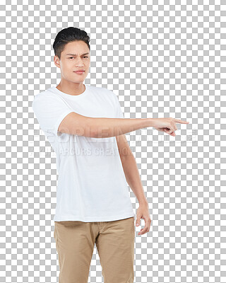 Buy stock photo Man, asian and portrait is confused by pointing with png isolated transparent background for marketing. Young, male and japanese with commercial and presentation for customer with news or question.