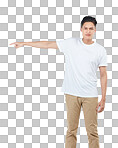 Man, pointing to space for marketing, advertising or product placement on an isolated and transparent png background. Serious Asian male showing point of advertisement, news or notification