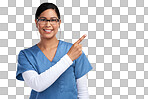 PNG portrait of a young doctor wearing glasses and scrubs, pointing to her left 