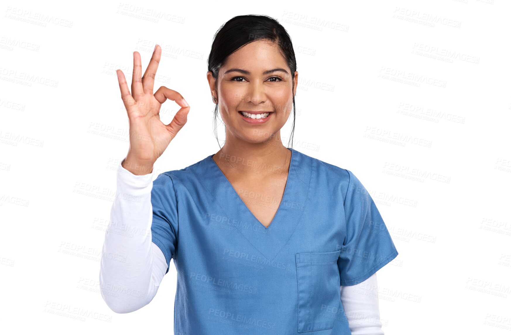 Buy stock photo Okay sign, portrait and doctor or woman isolated on transparent, png background for success, yes or good healthcare. Happy medical worker, nurse or surgeon in Mexico with ok emoji for clinic service