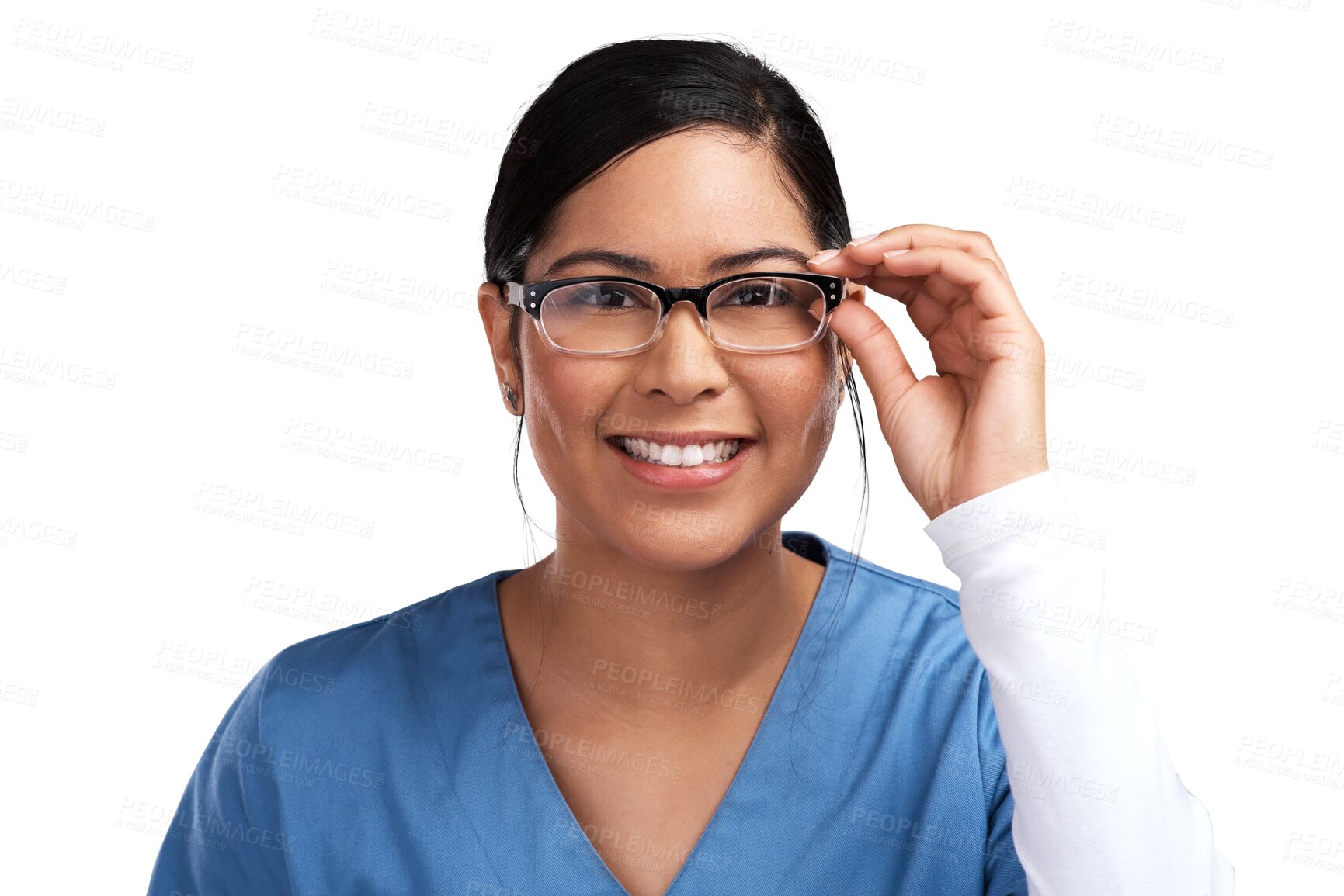 Buy stock photo Woman nurse in portrait, glasses and vision with eye care, smile with eyewear isolated on png transparent background. Female medical professional, health for eyes and prescription lens with frame