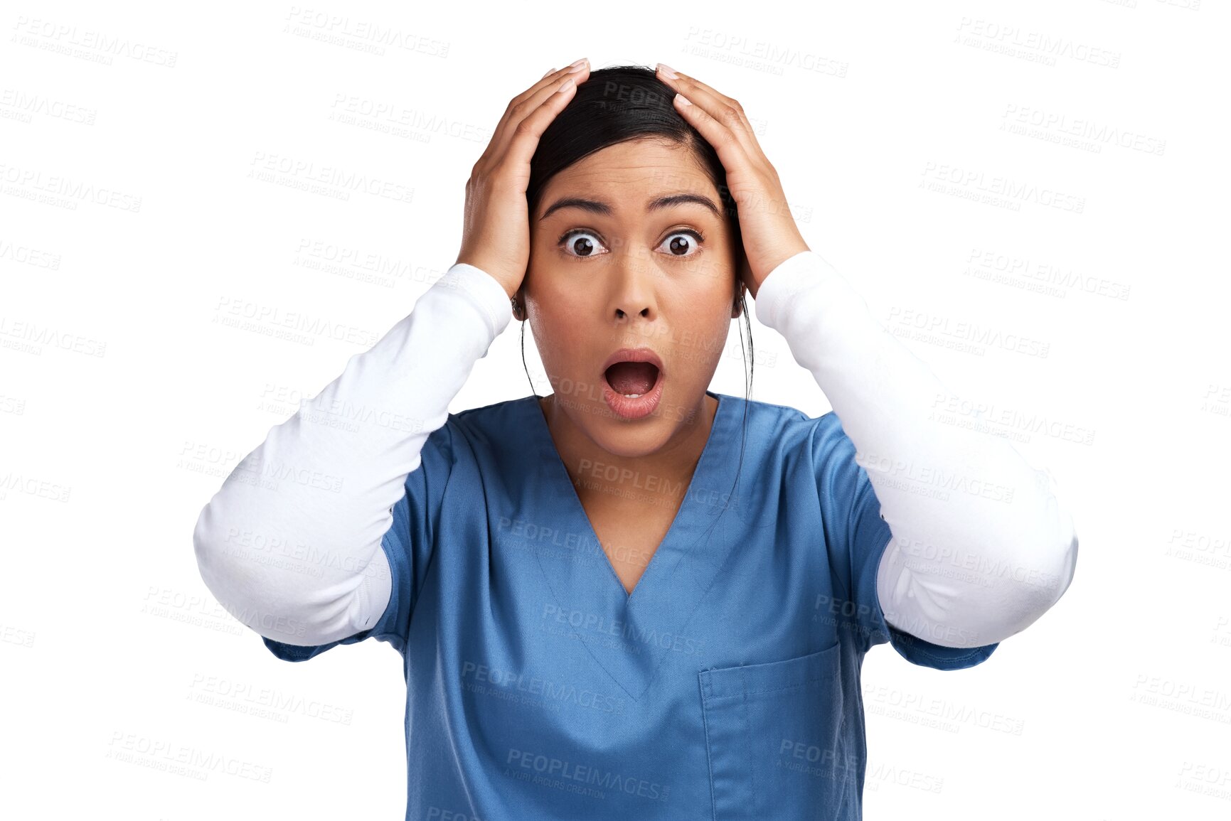 Buy stock photo Portrait, doctor and woman with a surprise, wow and accident isolated against a transparent background. Face, female person or medical professional with shock, png or omg with a mistake and emergency