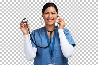 Buy stock photo Cardiology doctor, stethoscope and woman portrait isolated on transparent png background for healthcare service. Heart health, listen and face of medical nurse or latino person in clinic consultation