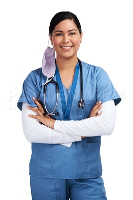 Buy stock photo Healthcare, smile and a nurse woman with face mask isolated on a transparent, png background. Professional person, surgeon or doctor with arms crossed after finish or complete surgery, virus or covid