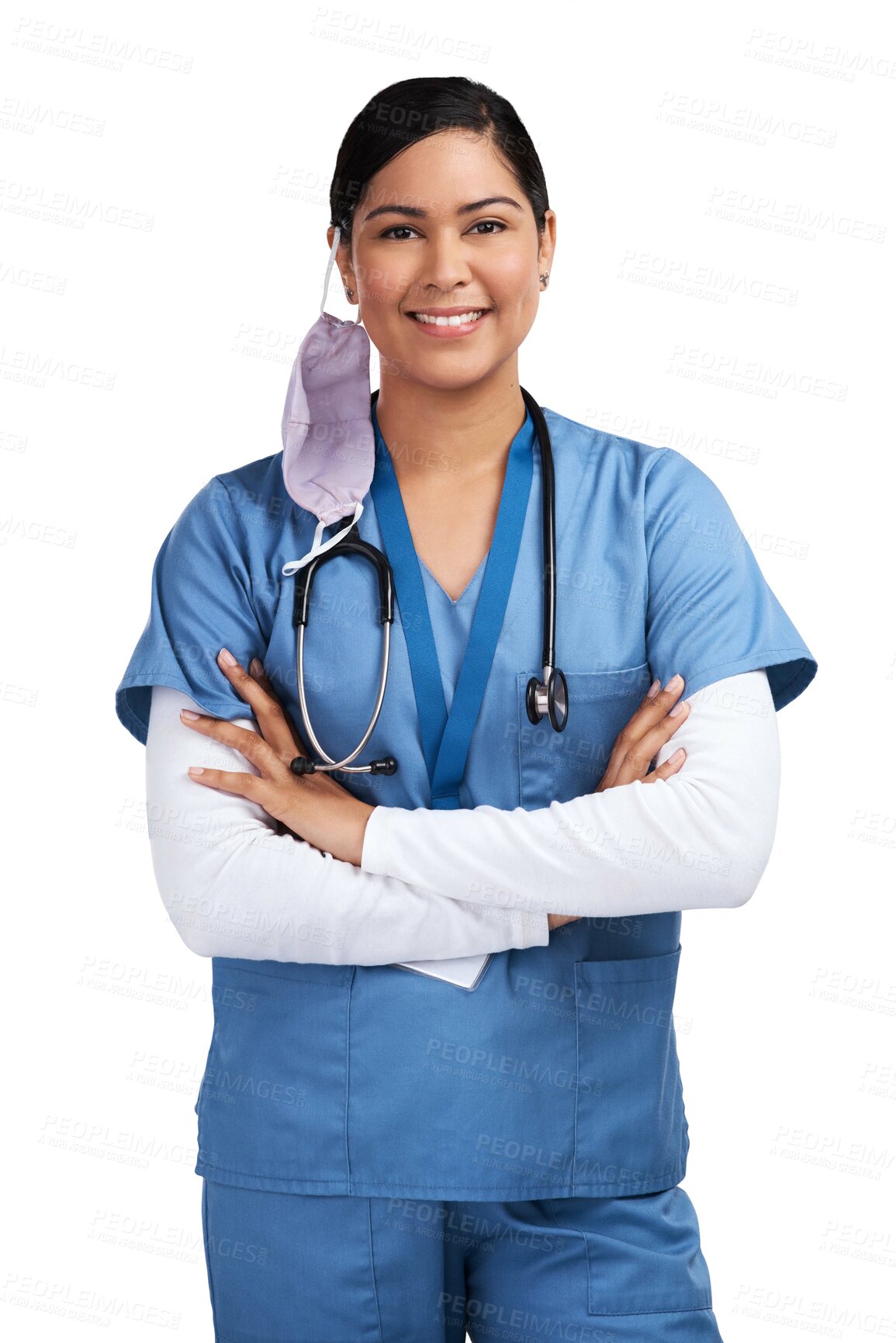 Buy stock photo Healthcare, smile and a nurse woman with face mask isolated on a transparent, png background. Professional person, surgeon or doctor with arms crossed after finish or complete surgery, virus or covid