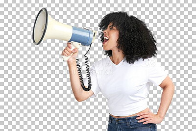 Buy stock photo Isolated woman, megaphone and afro with shout, voice and justice for power, promo and transparent png background. Young girl, speaker or notification for human rights, news and student protest action