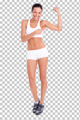 Buy stock photo Fitness, body and portrait of happy woman, flexing and gym motivation isolated on transparent png background. Smile, muscle flex and confident girl with diet progress in exercise, health and wellness