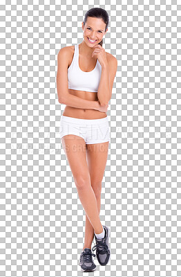 Buy stock photo Fitness, body and confidence, portrait of happy woman with health and pride isolated on transparent png background. Smile, sports and confident girl with gym, diet progress and motivation in exercise
