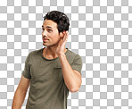 PNG of a  handsome young man cupping his hand behind his ear to hear better