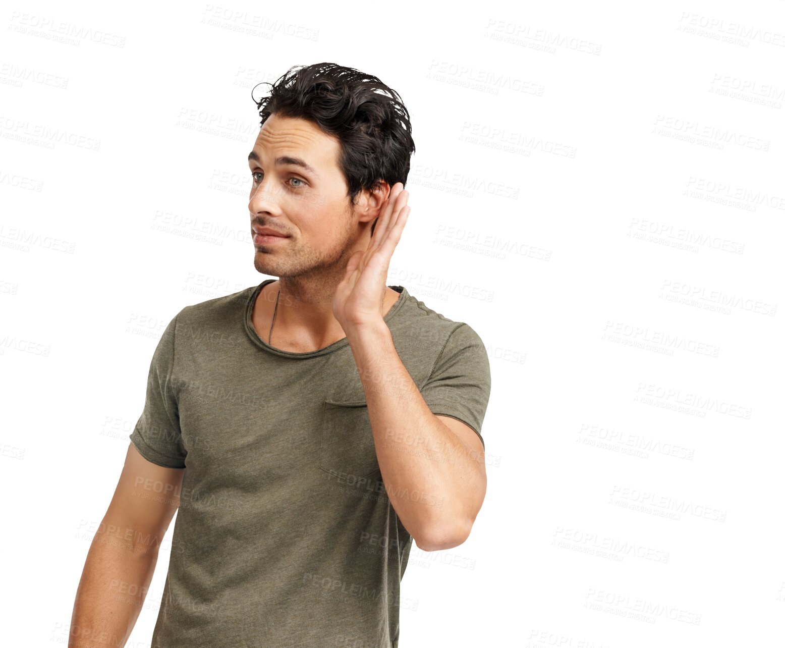 Buy stock photo Secret, listening and man touching his ear for gossip or conversation with confidence and casual style. Hand, talking and young male model with listen gesture isolated by a transparent png background
