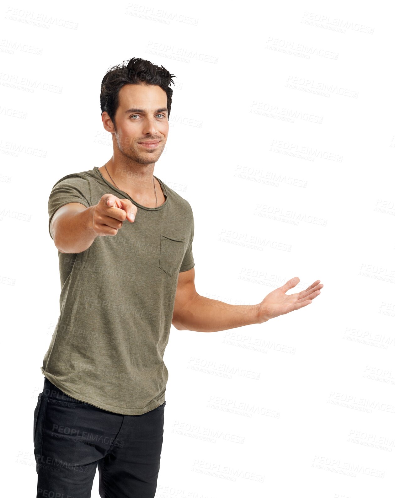 Buy stock photo Pointing finger, you and advertising portrait of a man isolated on a transparent, png background. Casual fashion, motivation and happy male person with hand palm and space for choice or announcement