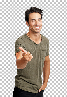 Buy stock photo Happy, advertising and pointing at you portrait of a man isolated on a transparent, png background. Casual fashion, motivation and male person with hand sign or emoji for choice, vote or announcement