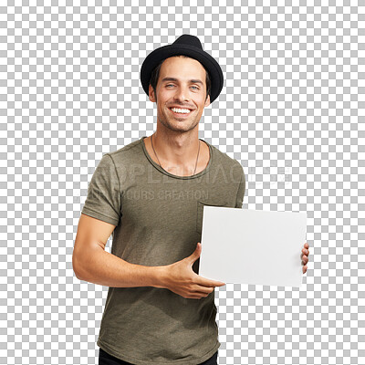 Buy stock photo Happy man, portrait smile and poster for advertising standing isolated on a transparent PNG background. Male person or model smiling in casual clothing and billboard sign or placard for advertisement
