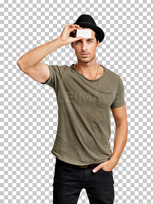 Buy stock photo Portrait, man and blank business card for networking, recruitment or hiring on transparent, isolated or PNG background. Face, identity or paper id on head for hipster, cool person or creative worker