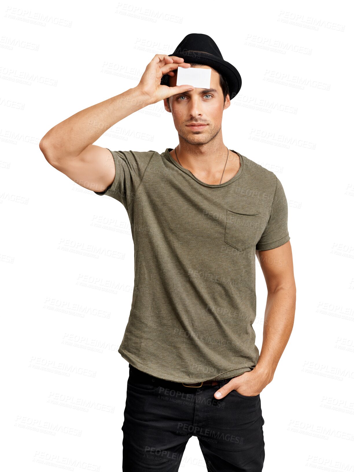 Buy stock photo Portrait, man and blank business card for networking, recruitment or hiring on transparent, isolated or PNG background. Face, identity or paper id on head for hipster, cool person or creative worker