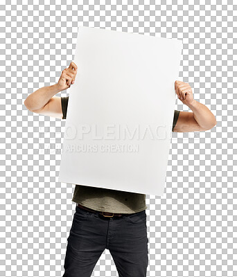 Buy stock photo Happy man, portrait and standing with billboard for advertising isolated on a transparent PNG background. Male person or young model in casual clothing with poster, sign or placard for advertisement
