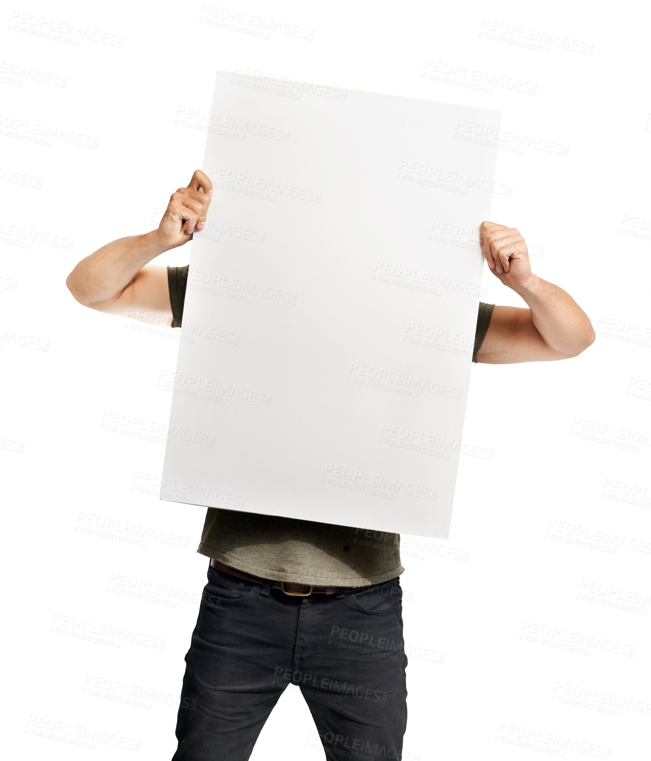Buy stock photo Happy man, portrait and standing with billboard for advertising isolated on a transparent PNG background. Male person or young model in casual clothing with poster, sign or placard for advertisement