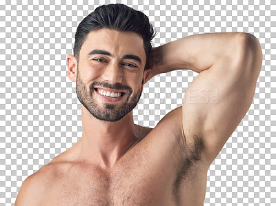 Buy stock photo Face, skincare and happy man with muscle isolated on a transparent png background. Portrait, natural beauty or male model with cosmetics in spa facial treatment for wellness, aesthetic or skin health