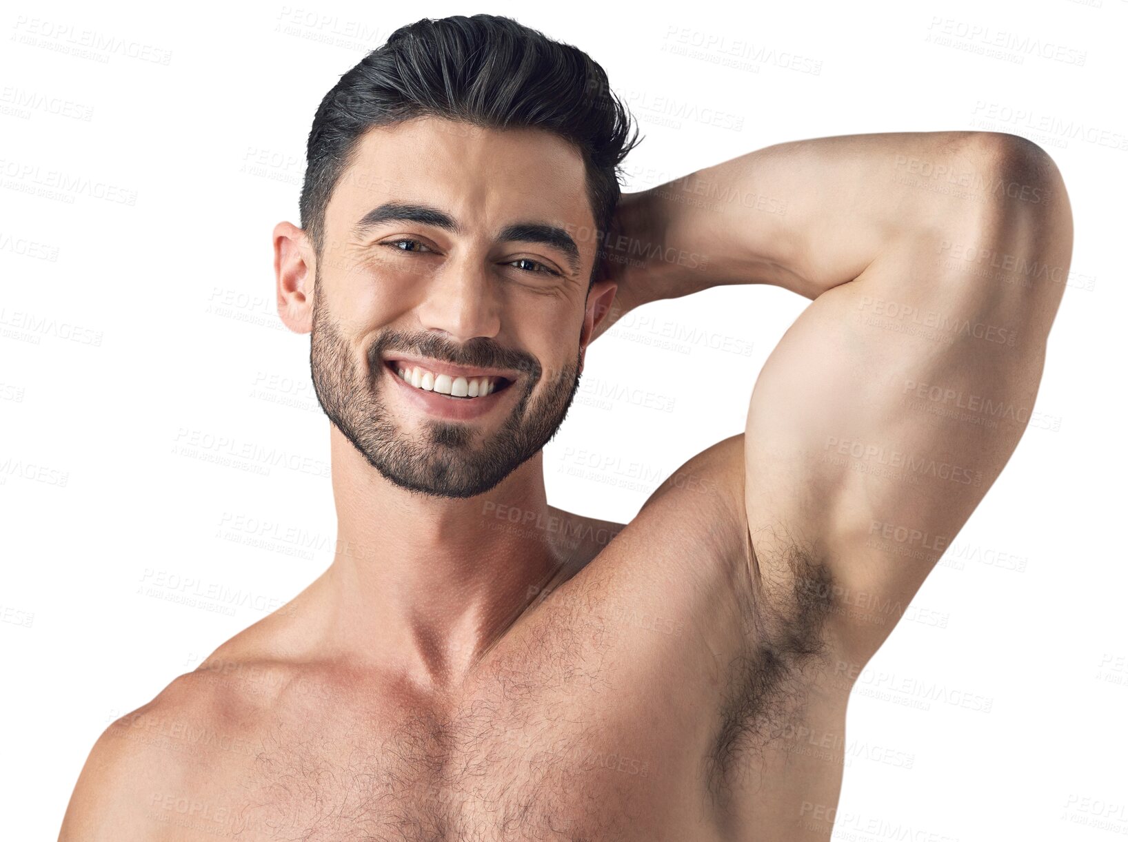 Buy stock photo Face, skincare and happy man with muscle isolated on a transparent png background. Portrait, natural beauty or male model with cosmetics in spa facial treatment for wellness, aesthetic or skin health