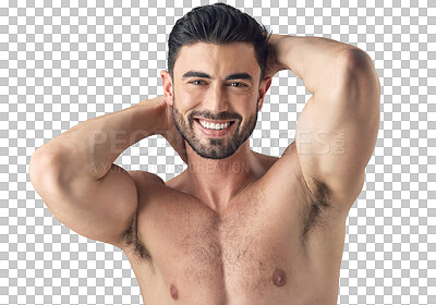 Buy stock photo Skin, hair and face portrait of a man isolated on transparent, png background. Dermatology, cosmetics and Arab person or aesthetic model with natural glow, facial beauty or smile for wellness results