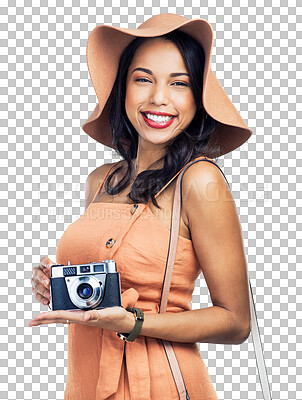 Buy stock photo Travel, portrait or happy woman with camera on holiday, vacation or weekend trip with confidence. Photography, smile or girl photographer on tourism adventure isolated on transparent png background