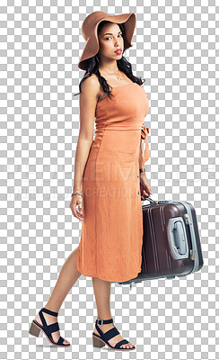 Buy stock photo Travel, portrait or woman walking with suitcase for holiday, vacation or weekend trip with confidence. Luggage, bag or girl tourist ready for tourism adventure isolated on transparent png background