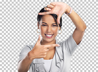 Buy stock photo Portrait, business and woman with finger frame, employee and consultant isolated against a transparent background. Face, female person or focus with professional, perspective or hand gesture with png