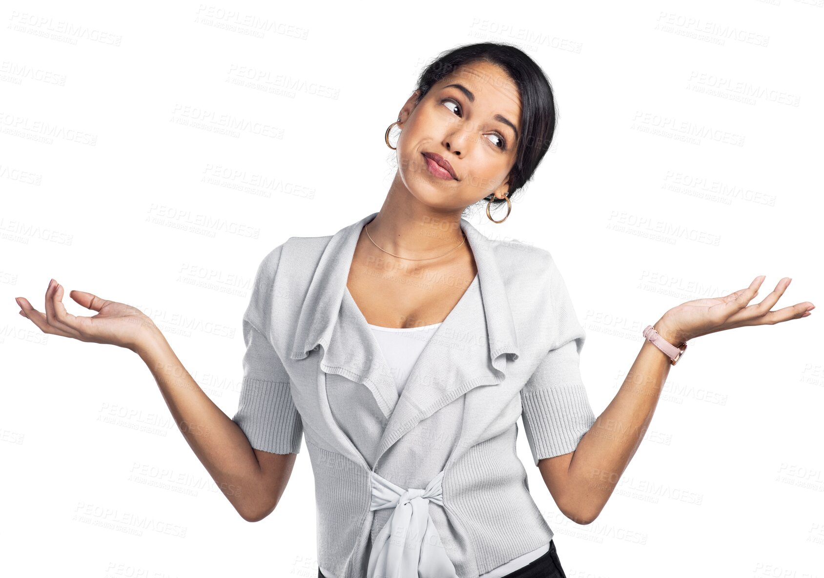 Buy stock photo Confused, thinking and shrug with business woman on transparent background for idea, decision and dont know. Choice, doubt and why with female employee isolated on png for solution, emoji or question