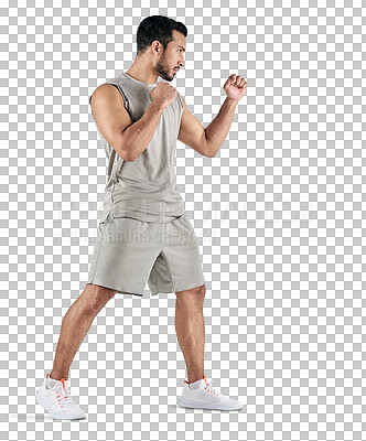 Buy stock photo Profile, fitness and fighting with a sports man isolated on a transparent background for self defense training. Exercise, health and workout with a young male fighter or athlete on PNG for wellness