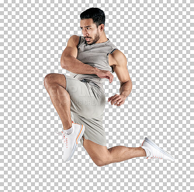 Buy stock photo Gym, fitness and power with man and jump on transparent background for training, workout and kick. Health, training and focus with male athlete isolated on png for exercise, energy and 
