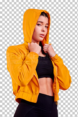 Buy stock photo Portrait, woman and fashion with sports jacket ready for fitness, exercise and isolated on transparent png background. Young female athlete, hoodie and focus with clothes for workout, training or gym
