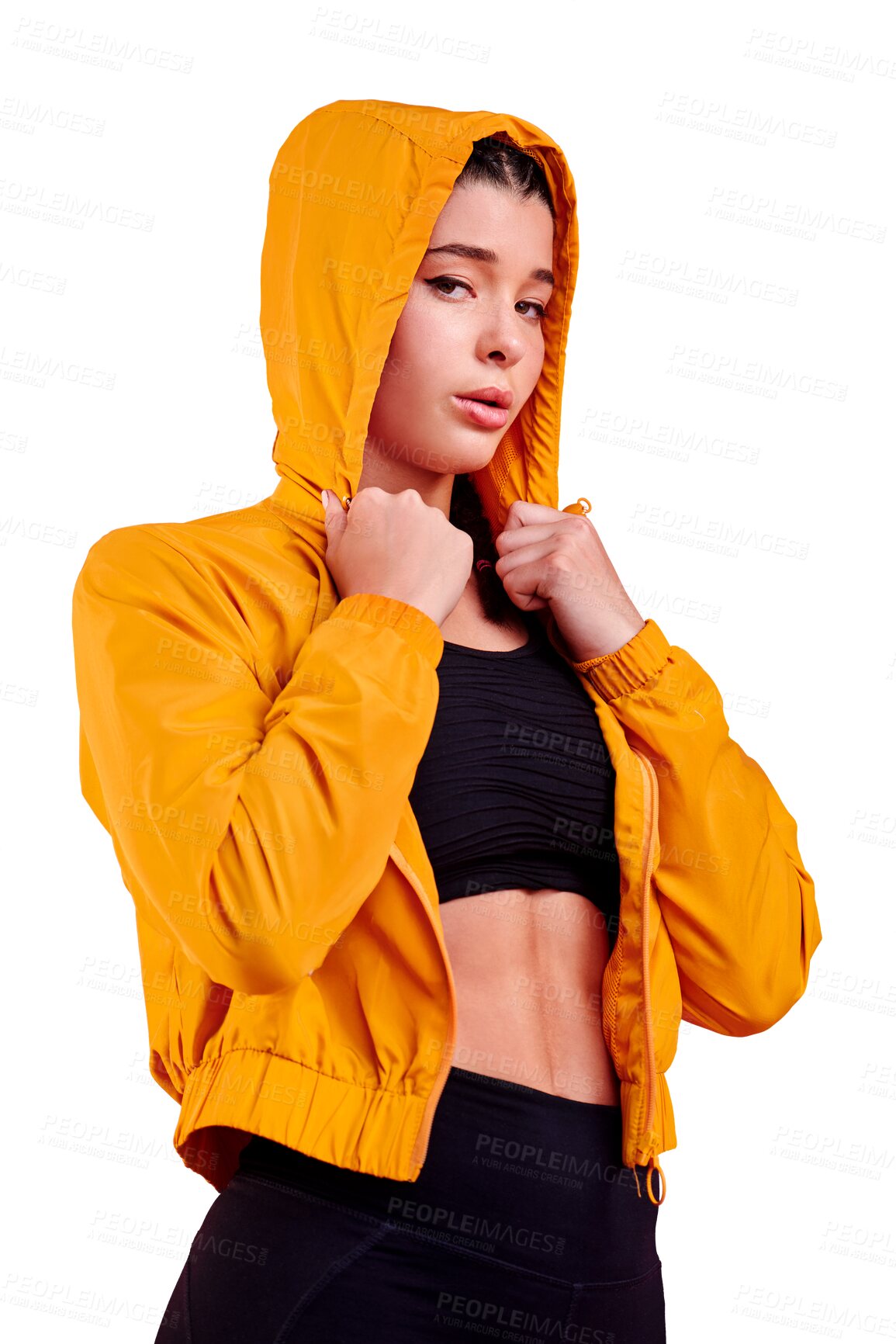 Buy stock photo Portrait, woman and fashion with sports jacket ready for fitness, exercise and isolated on transparent png background. Young female athlete, hoodie and focus with clothes for workout, training or gym
