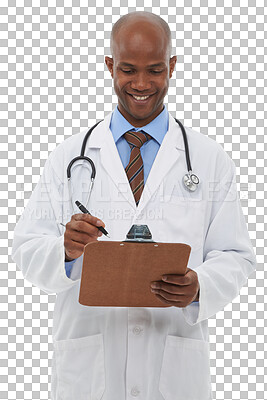 Buy stock photo Smile, medical and black man doctor with clipboard for diagnosis or treatment with career. Happy, healthcare and professional African surgeon with checklist isolated by transparent png background.