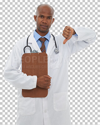 Buy stock photo Clipboard, portrait black man or doctor thumbs down for medical disagreement, negative feedback vote or no opinion. Clinic, rejection sign or healthcare expert isolated on transparent, png background