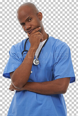 Buy stock photo African, doctor and portrait with thinking in healthcare, brainstorming and medical development for medicine care. Black specialist, thought or serious face or isolated on transparent png background