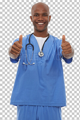Buy stock photo Happy black man, portrait and doctor with thumbs up for thank you isolated on a transparent PNG background. Face of African male person or medical nurse like emoji, yes or ok for healthcare success