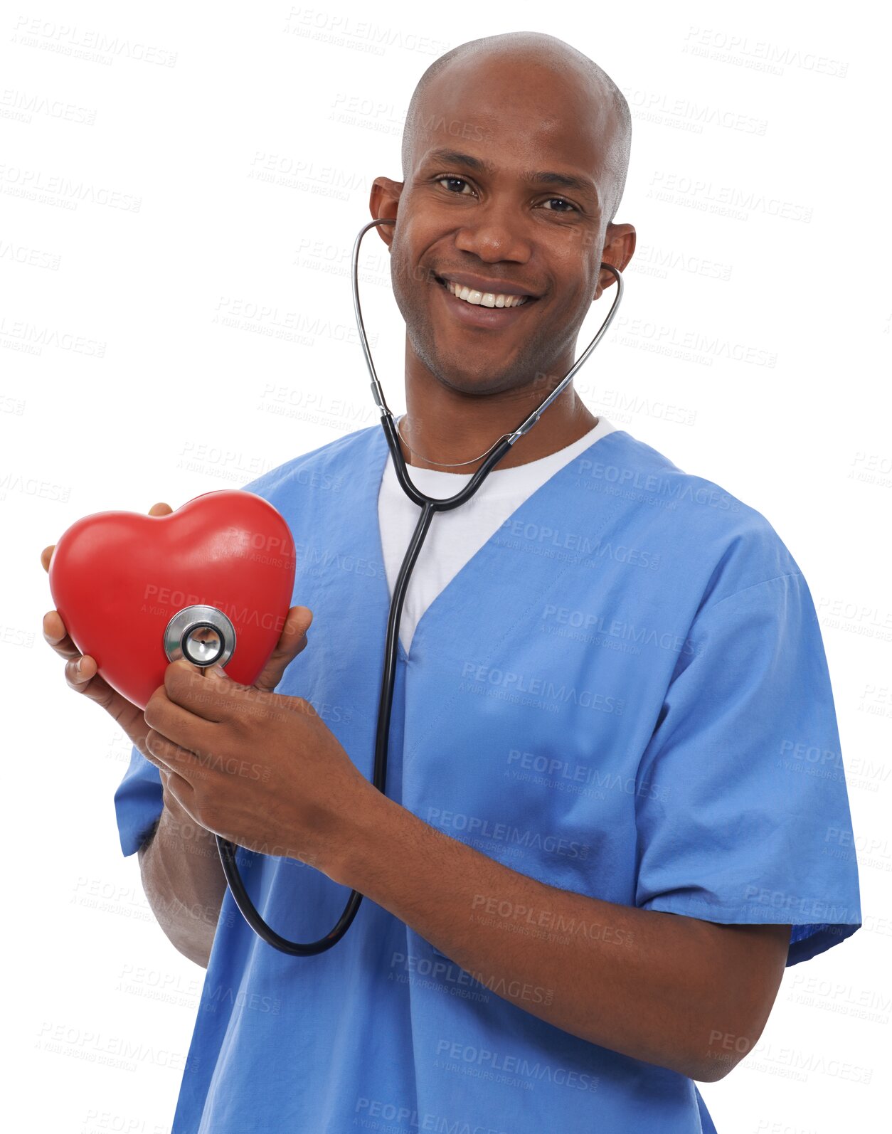 Buy stock photo Happy black man, portrait and doctor with stethoscope in heart health or wellness isolated on a transparent PNG background. Face of African male person or medical nurse with love emoji, shape or icon