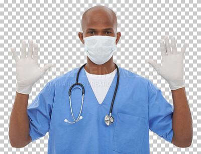 Buy stock photo Doctor, portrait and professional gloves or exam protection virus, disease or infection. Black person, surgical safety as healthcare or isolated on transparent png background or sample, help or test
