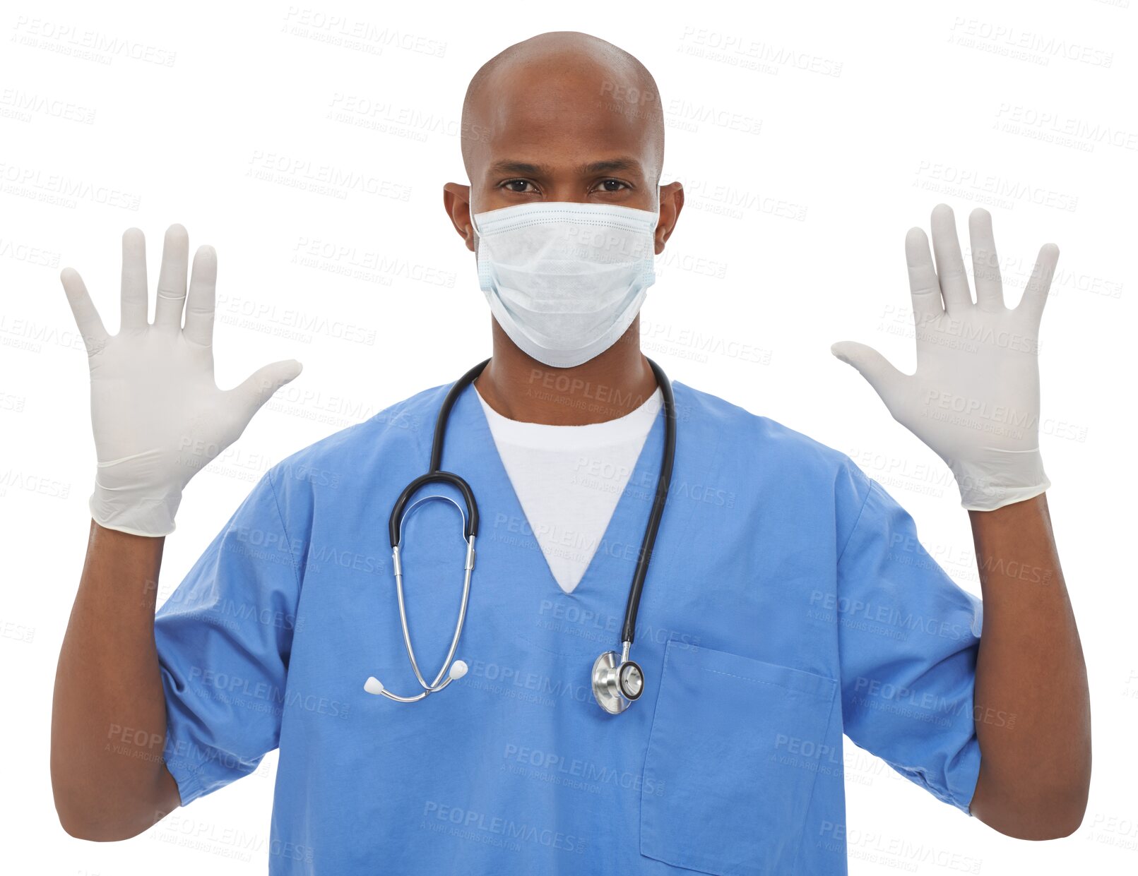 Buy stock photo Doctor, portrait and professional gloves or exam protection virus, disease or infection. Black person, surgical safety as healthcare or isolated on transparent png background or sample, help or test