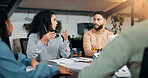 Creative, planning or designers talking in meeting for project ideas, startup or feedback. Review, interior design paperwork and people with teamwork for brainstorming, development or collaboration