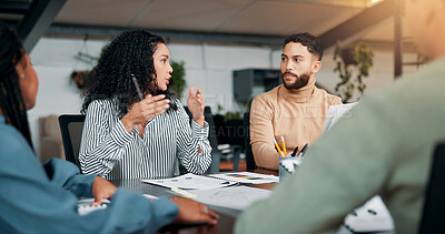 Buy stock photo Creative, planning or designers talking in meeting for project ideas, startup or feedback. Review, interior design paperwork and people with teamwork for brainstorming, development or collaboration