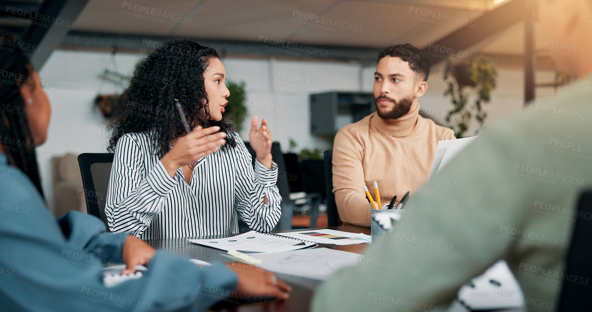 Buy stock photo Creative, planning or designers talking in meeting for project ideas, startup or feedback. Review, interior design paperwork and people with teamwork for brainstorming, development or collaboration