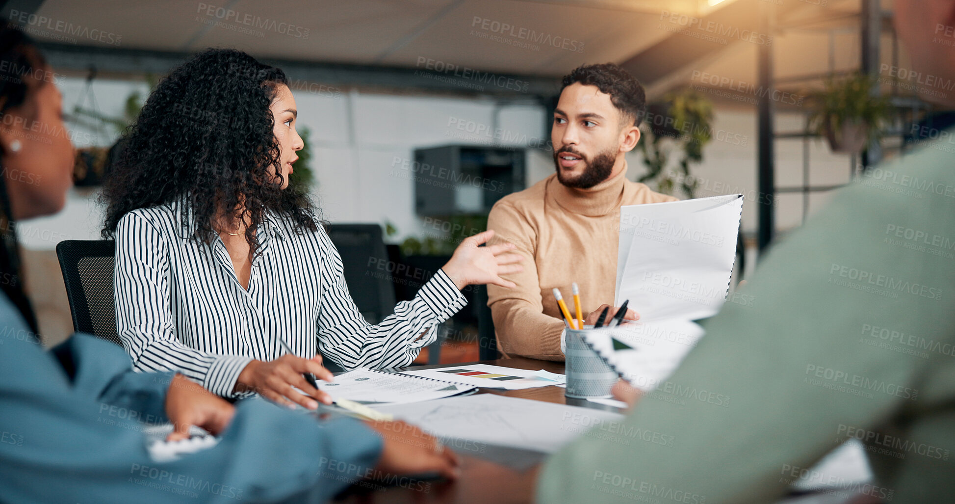 Buy stock photo Documents, planning or designers talking in meeting for project ideas, startup or feedback. Review, interior design paperwork and people with teamwork for brainstorming, development and portfolio