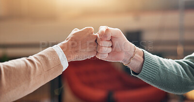 Buy stock photo Fist bump, hands and business people with deal or agreement, trust or support with team mission in office. Partnership, collaboration or success with achievement, solidarity and gesture for goals