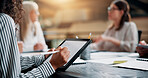 Business woman, hands and writing on tablet in meeting for website testing update, branding design layout or planning. Web designer, people and stylus pen at creative agency for campaign idea notes