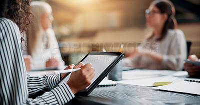 Buy stock photo Business woman, hands and writing on tablet in meeting for website testing update, branding design layout or planning. Web designer, people and stylus pen at creative agency for campaign idea notes