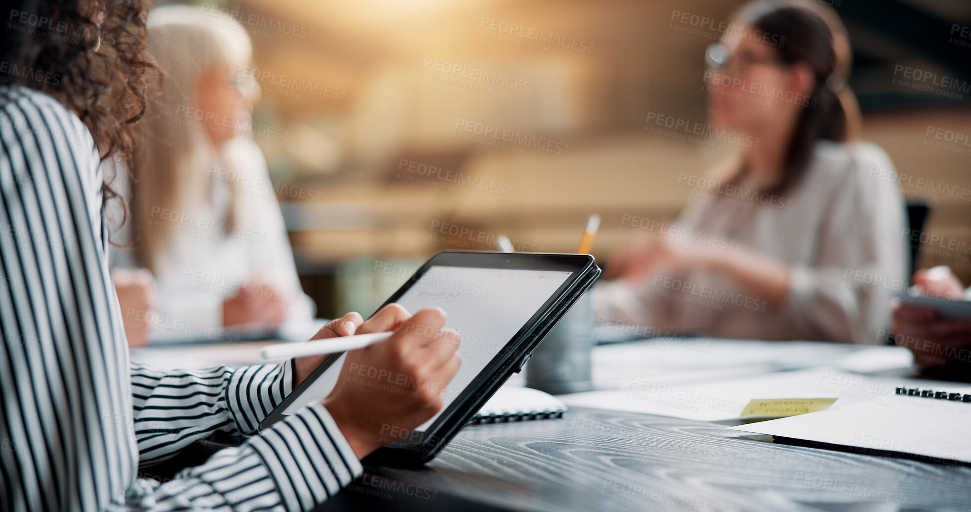 Buy stock photo Business woman, hands and writing on tablet in meeting for website testing update, branding design layout or planning. Web designer, people and stylus pen at creative agency for campaign idea notes