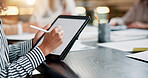 Business person, hands and writing on tablet screen in meeting for website testing, campaign feedback or planning. Web designer, people and stylus pen at creative agency for app development and notes